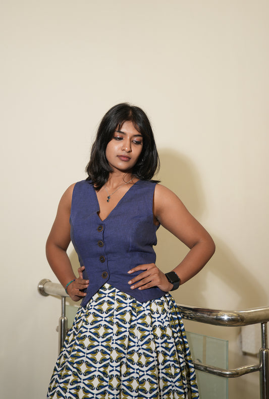 WOVEN MOONLIGHT BUTTONED VEST - LINEN - BLUE