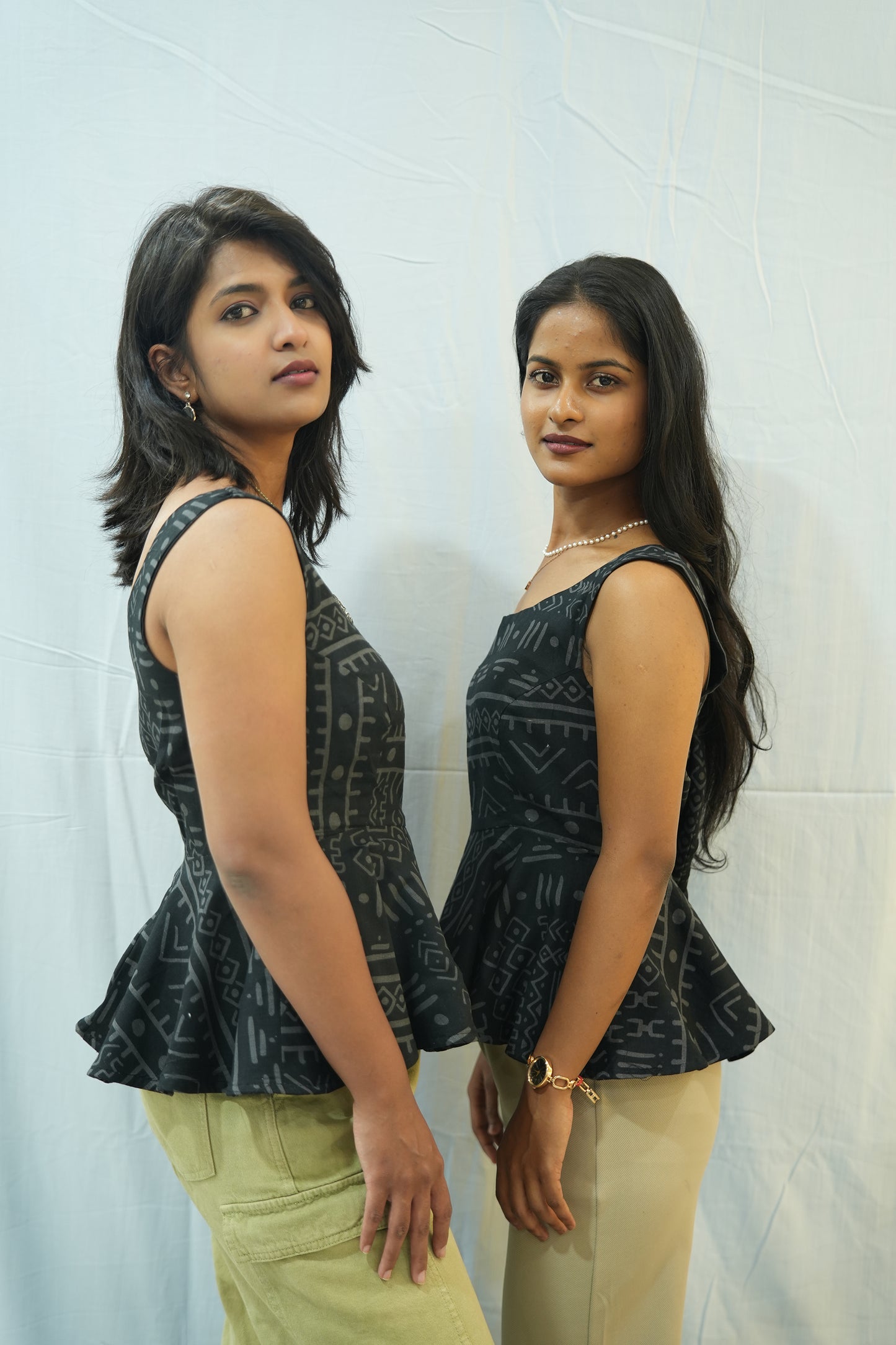 BLACK GEO PEPLUM - COTTON LINEN