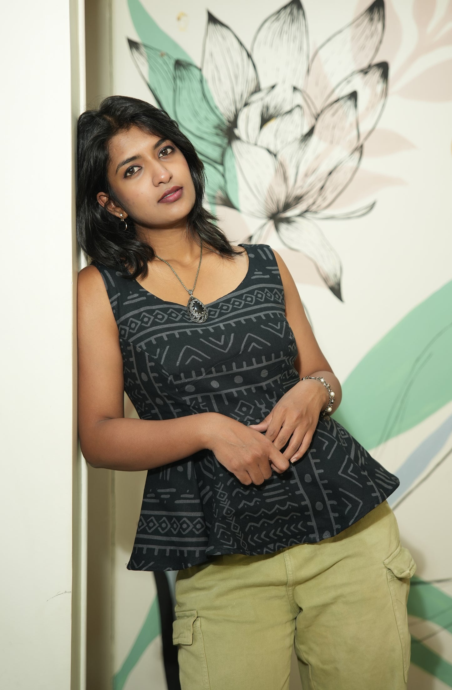 BLACK GEO PEPLUM - COTTON LINEN