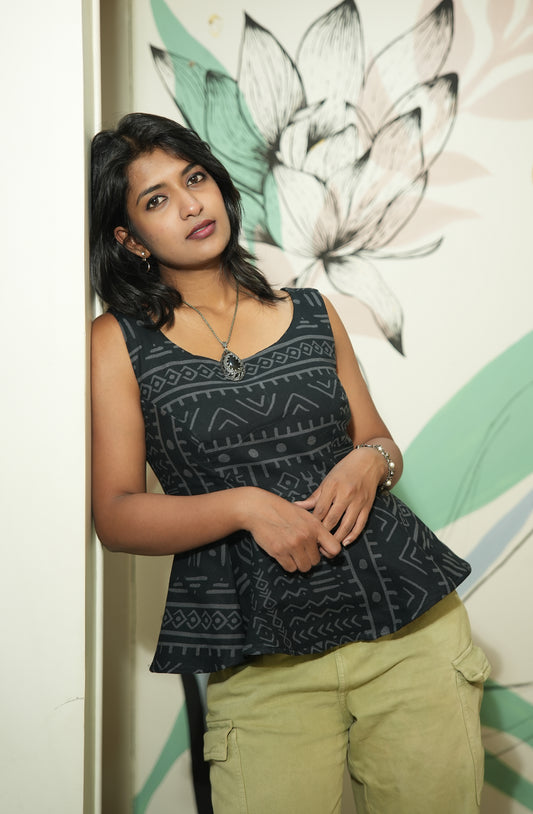 BLACK GEO PEPLUM - COTTON LINEN