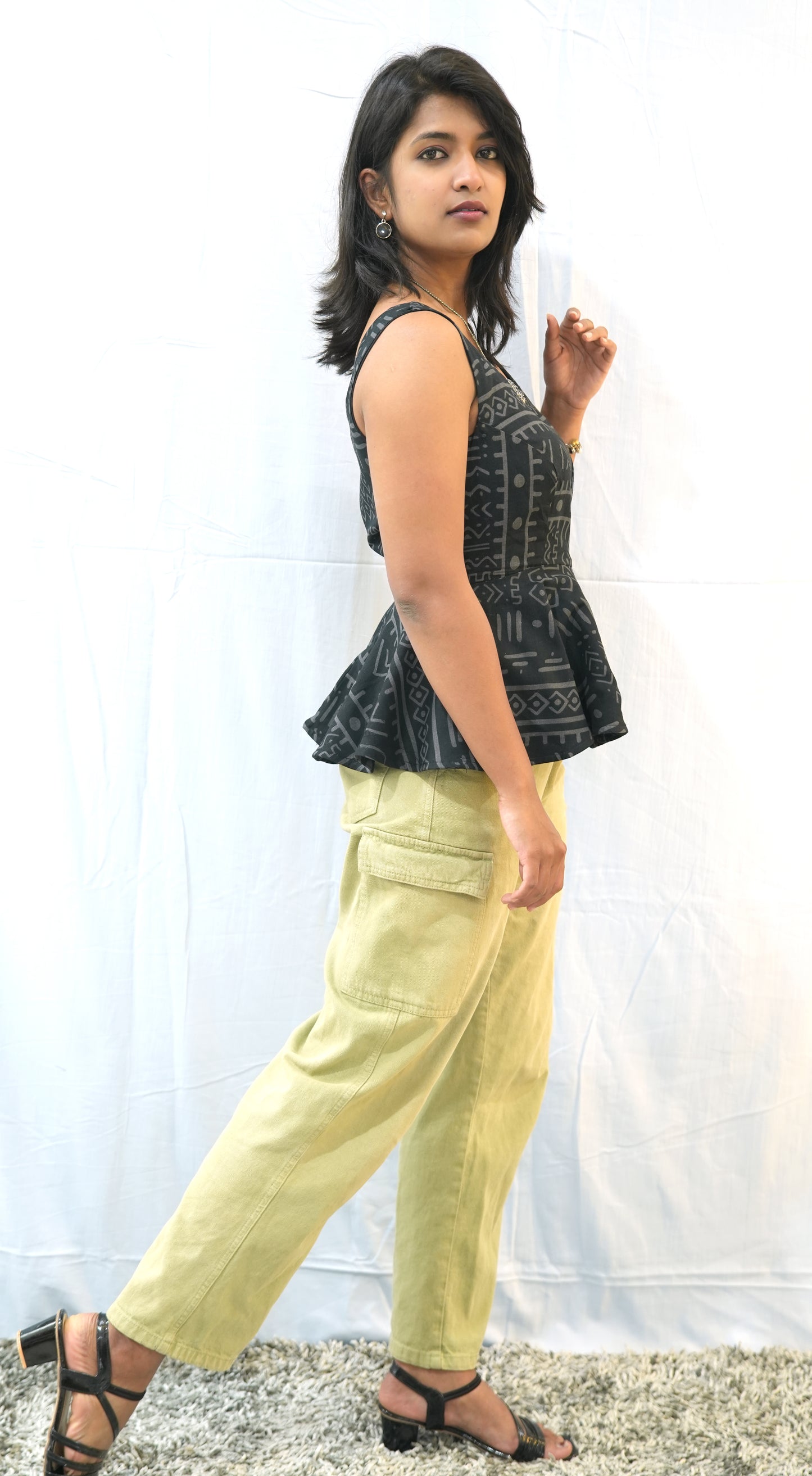 BLACK GEO PEPLUM - COTTON LINEN