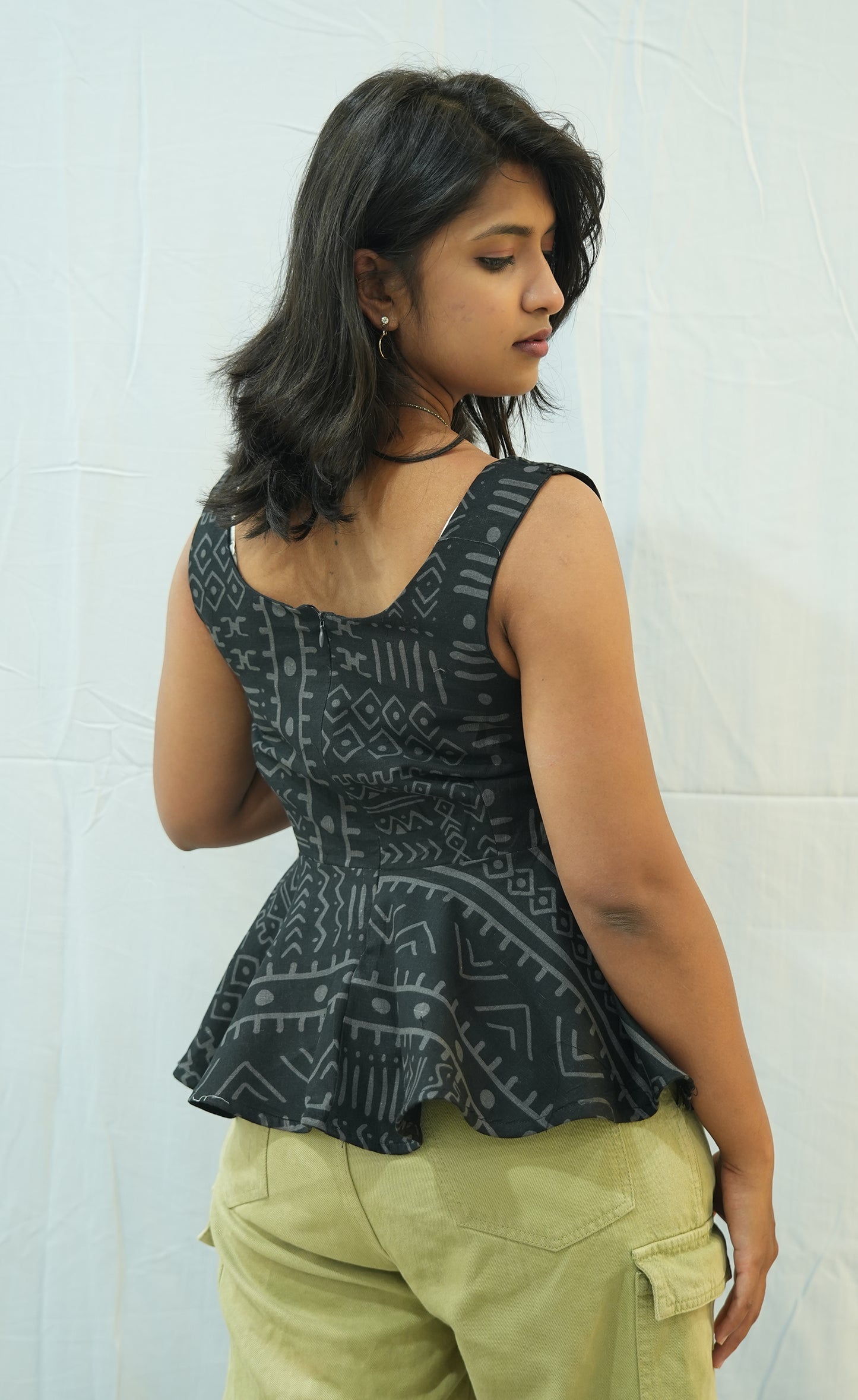 BLACK GEO PEPLUM - COTTON LINEN